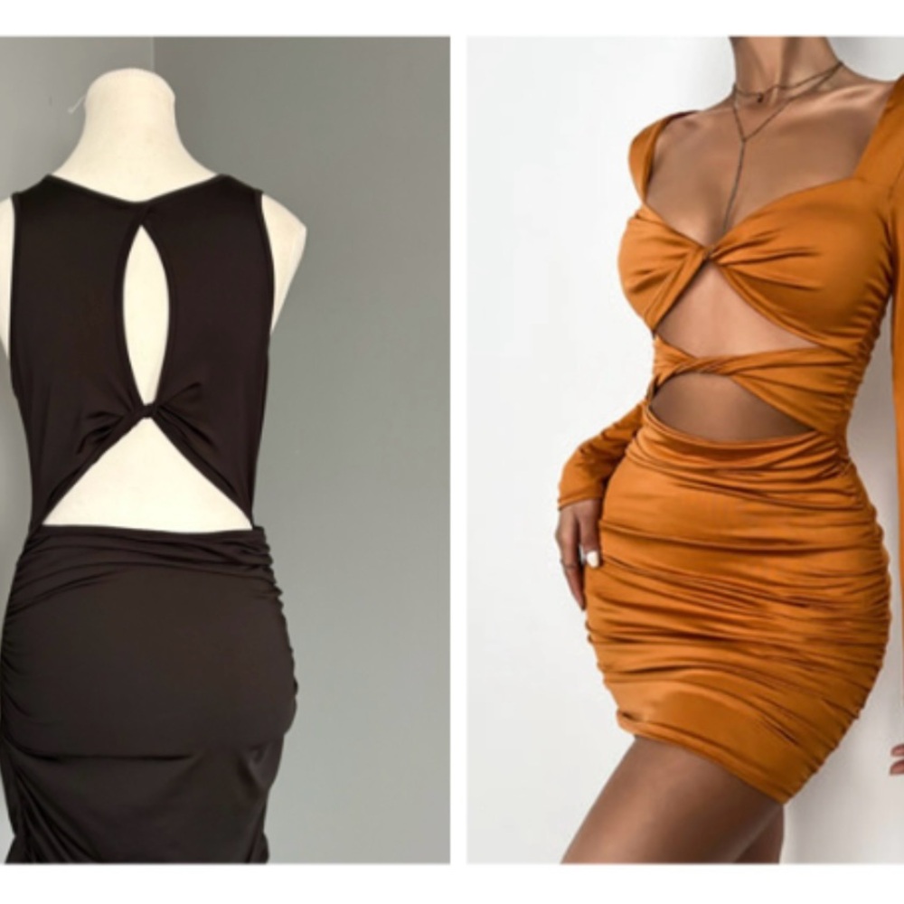Twist & Tied Ruched Bodycon Dress in Cognac & Peek A Boo Black Dress. NWOT. Med.